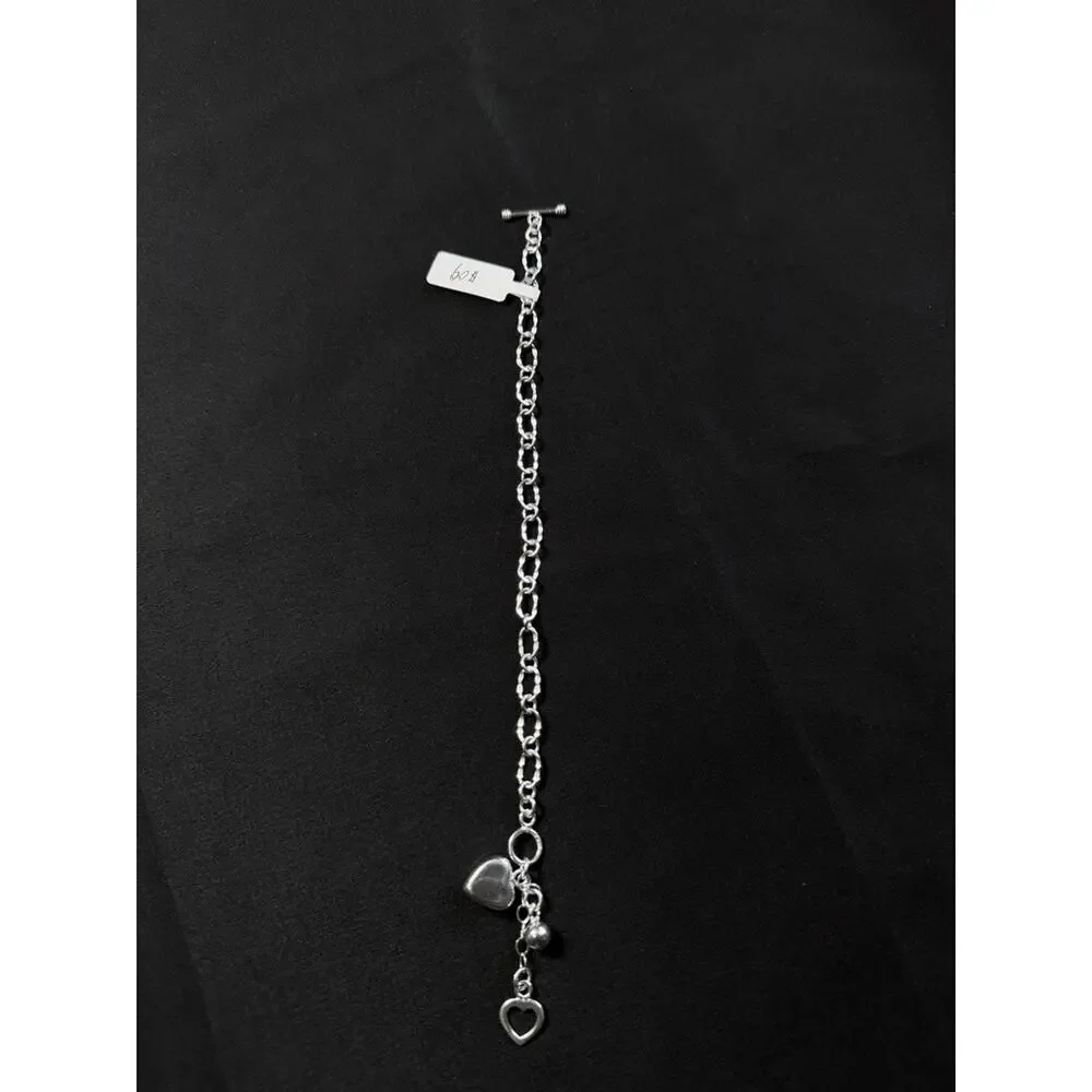 Sterling Silver Heart Charm Toggle Bracelet 925 Textured Link Chain 8.5 Inch